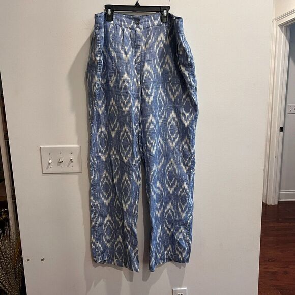 Chico's Blue White Linen Chino Pants Sz 14 2.5 Wide Leg Ikat Beach Boho Womens - Picture 4 of 12